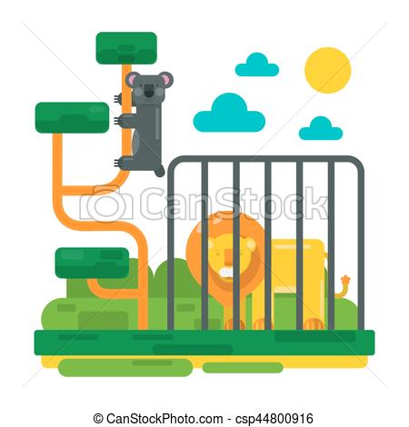 450x470 Lion Near Fence And Lemur On Abstract Branches. Zoo Picture