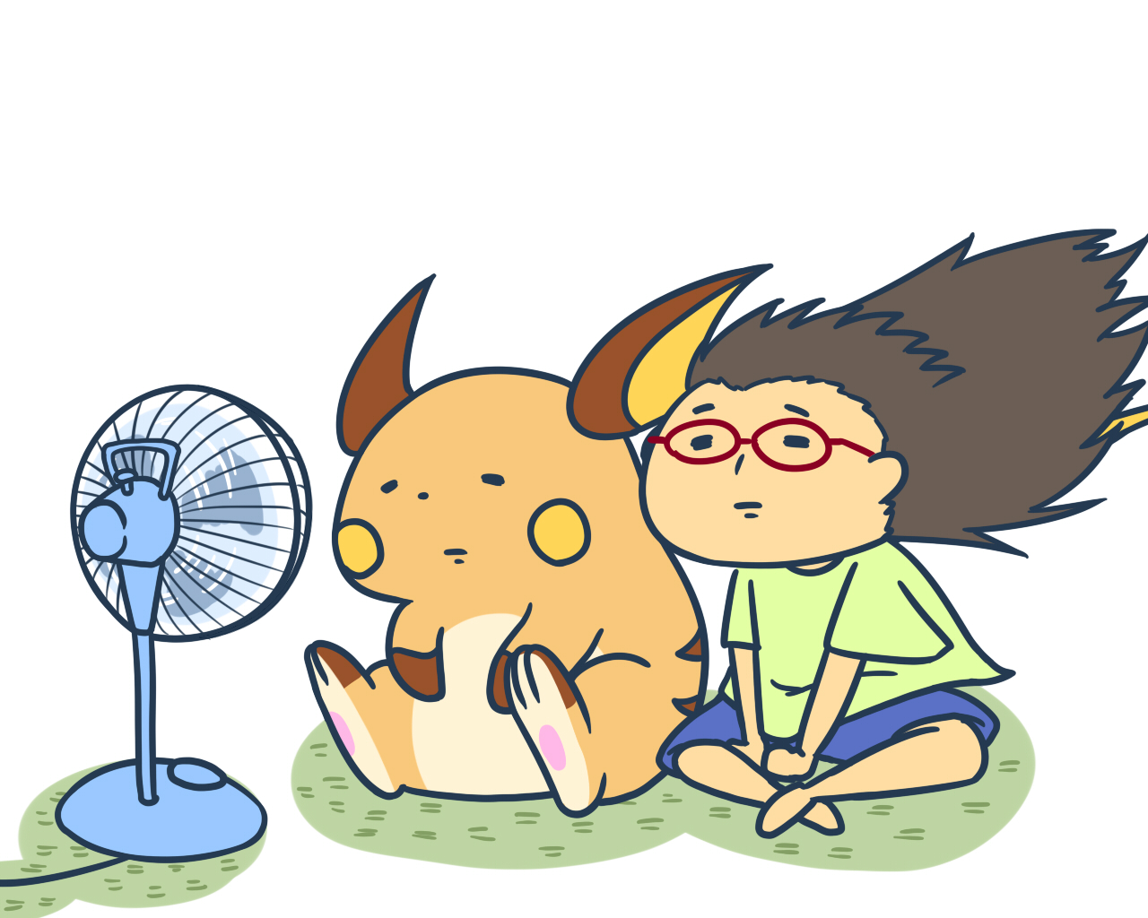 1280x1024 Raichu And Some Random Girl Get Cool Down By An Fan.