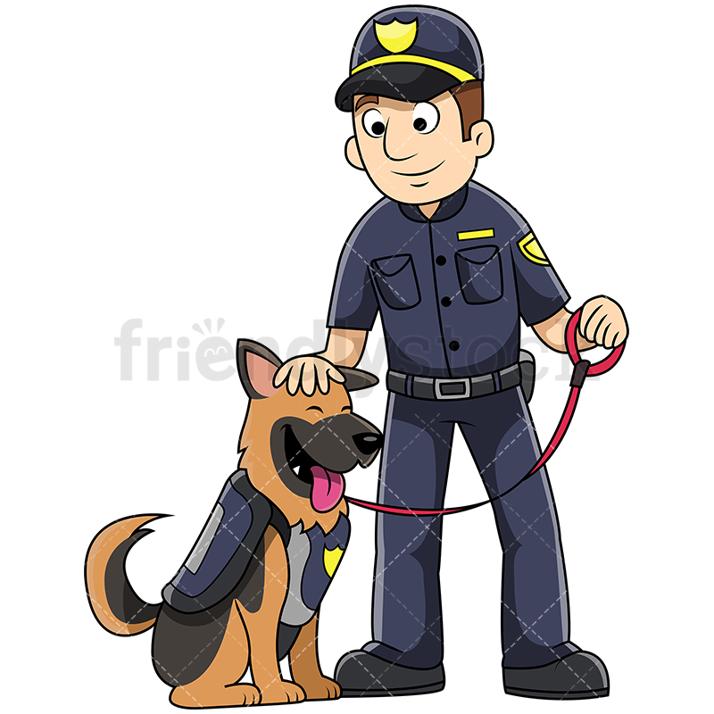 800x800 K9 Male Police Officer Petting Dog Vector Cartoon Clipart