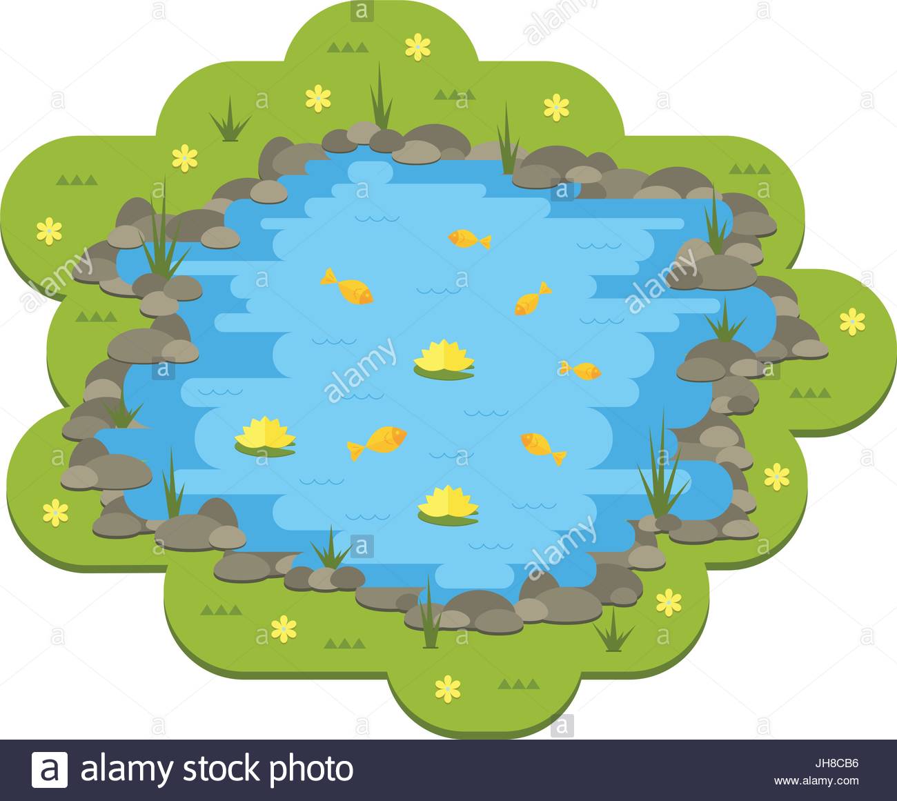 1300x1161 Cartoon Vector Garden Pond With Water, Plants And Animals Stock