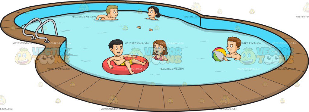 1024x372 A Group Of Friends Celebrating A Summer Pool Party Cartoon Clipart