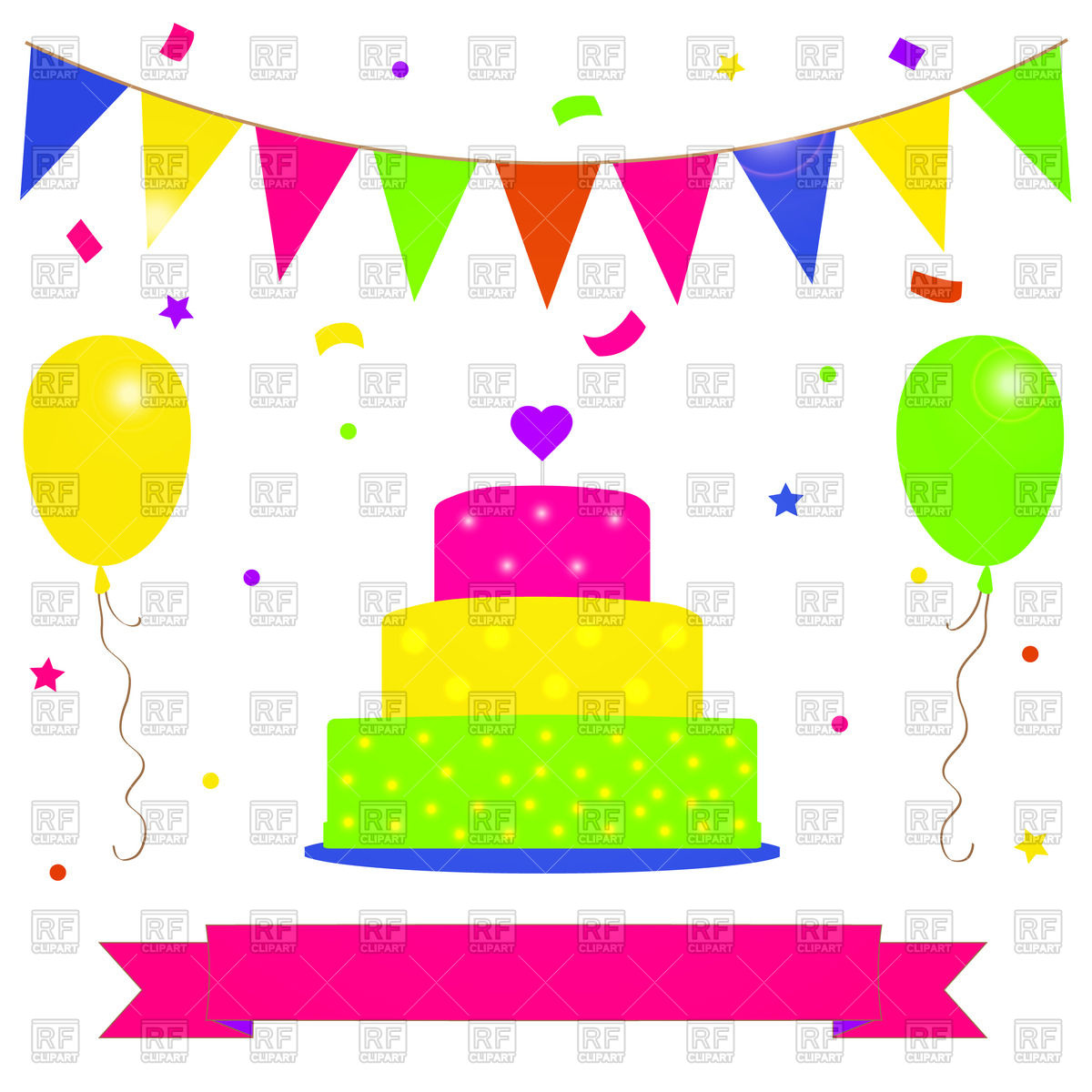 1200x1200 Birthday Postcard With Colorful Cake, Balloons And Party Flags