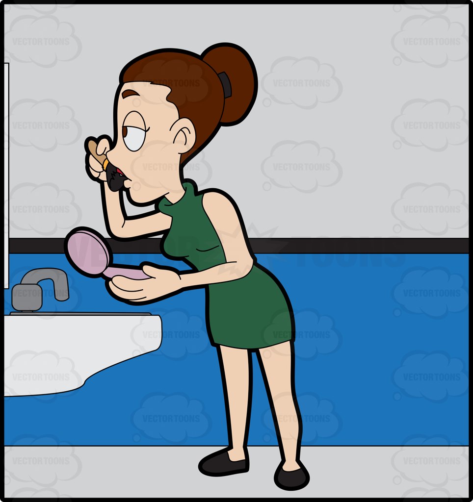 964x1024 A Woman Putting On Makeup In The Toilet Cartoon Clipart Vector Toons
