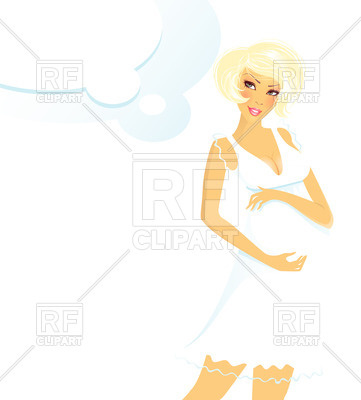 361x400 Pregnant Woman In White Dress Holds Her Belly And Speech Bubble