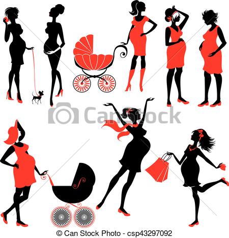 450x469 Set Of Pregnant Woman Silhouettes In Black And Red Colors, Eps