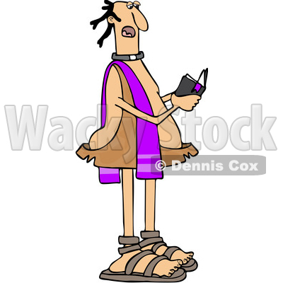 400x400 Clipart Of A Cartoon Caveman Priest Reading From A Bible