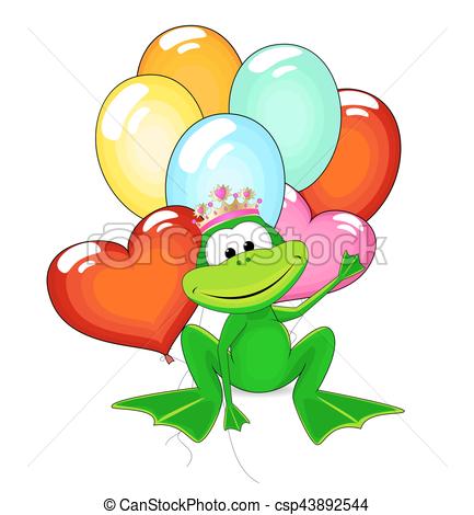 433x470 Frog Princess. Cartoon Funny Green Frog With Balloons On A Eps