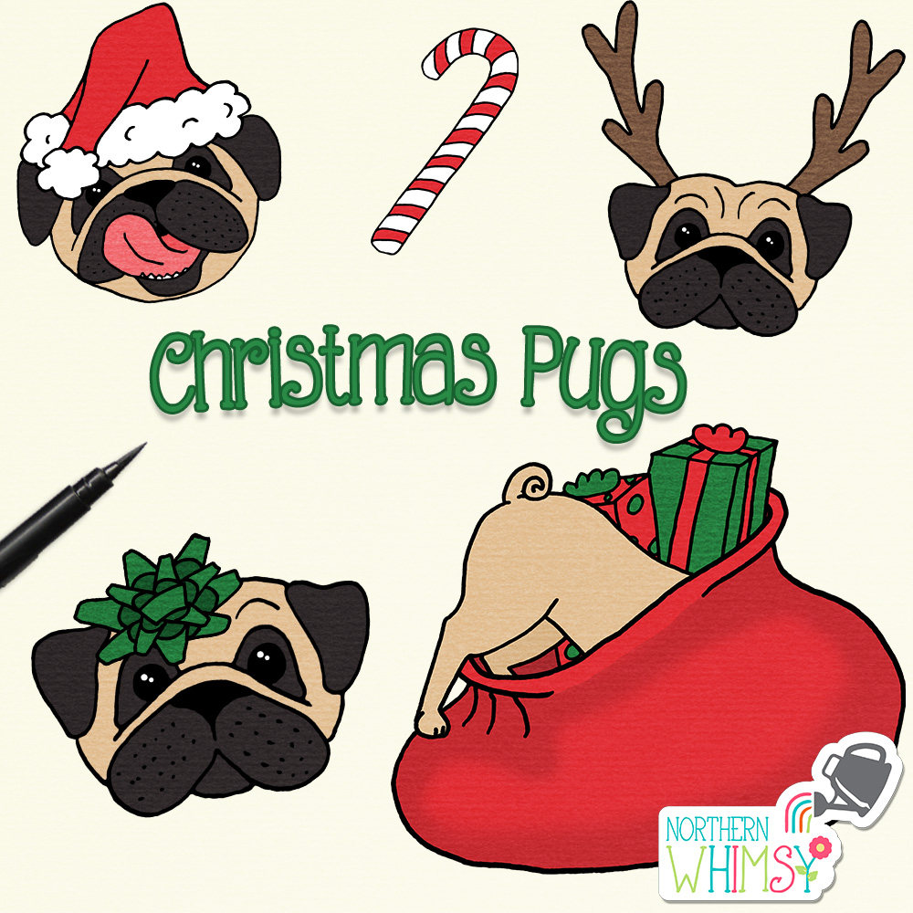 1000x1000 Christmas Clip Art Christmas Pugs Pug Dog