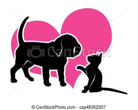 450x358 Vector Icon. Puppy And Kitten On The Background Of Magenta