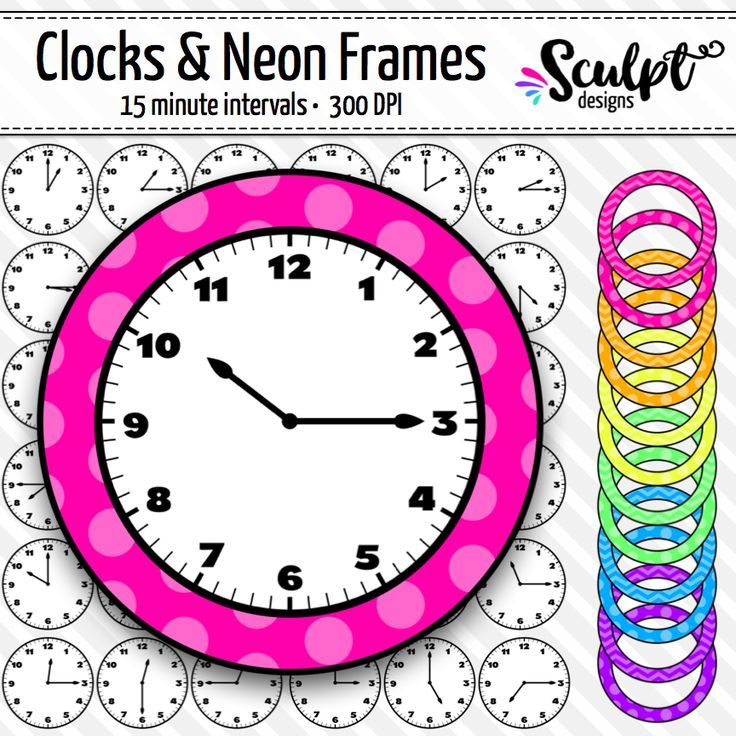 736x736 Clock Faces Clip Art ~ Every 15 Minutes ~ With Neon Frames Clock