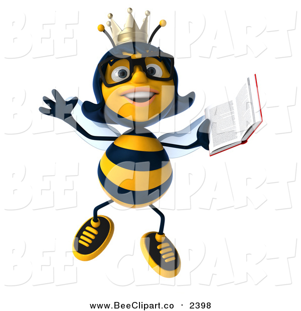 600x620 Clip Art Of A 3d Bespectacled Queen Bee Jumping With A Book By