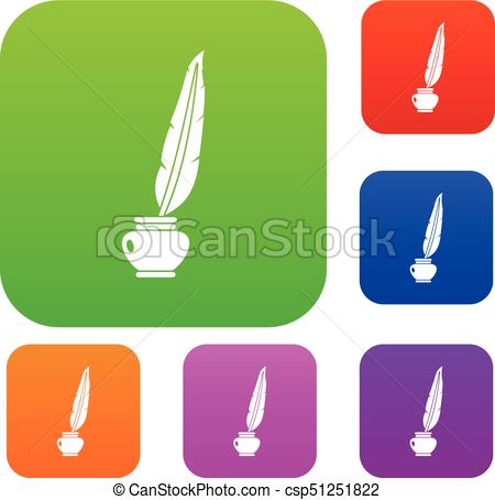 450x454 Feather Quill Pen Standing In Bottle Of Ink Set Color Vector