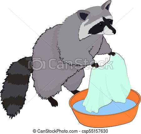 450x429 Cute Raccoon Washes Clothes. Vector Illustration. Cute Gray