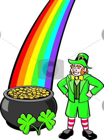 336x450 Leprechaun, Pot O' Gold, Shamrocks And Rainbow Stock Vector