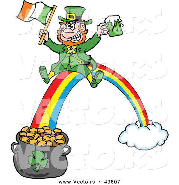 600x620 Vector Of Happy Cartoon Leprechaun Riding Rainbow Down