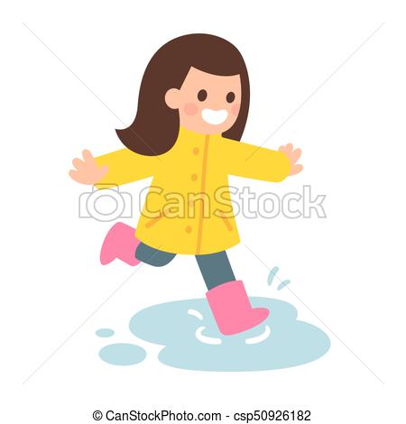 450x470 Girl Playing In Puddle. Cute Cartoon Girl In Raincoat