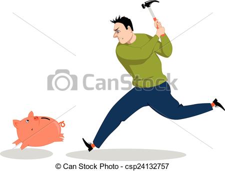 450x342 Rainy Day. Man Running After A Piggy Bank With A Hammer