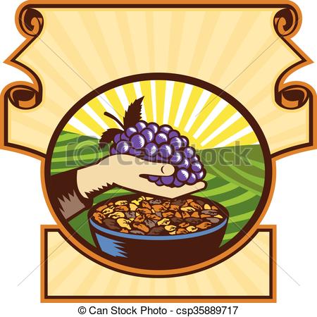 450x450 Hand Holding Grapes Raisins Crest Woodcut. Illustration