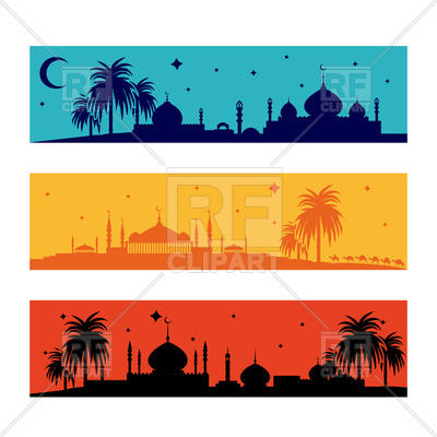 400x400 Set Of Horizontal Ramadan Borders With Palms Mosque And Camels