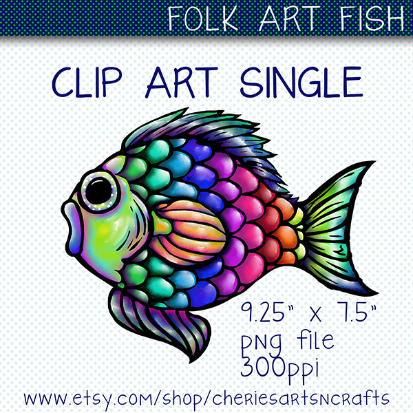 600x600 Clip Art Single Folk Art Fish Clipart, Fish Graphic, Digital Art