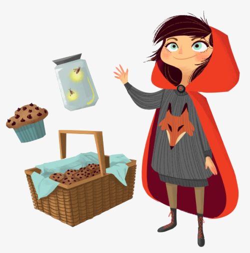 500x506 Cartoon Little Red Riding Hood, Little Girl, Picnic Basket, Cake