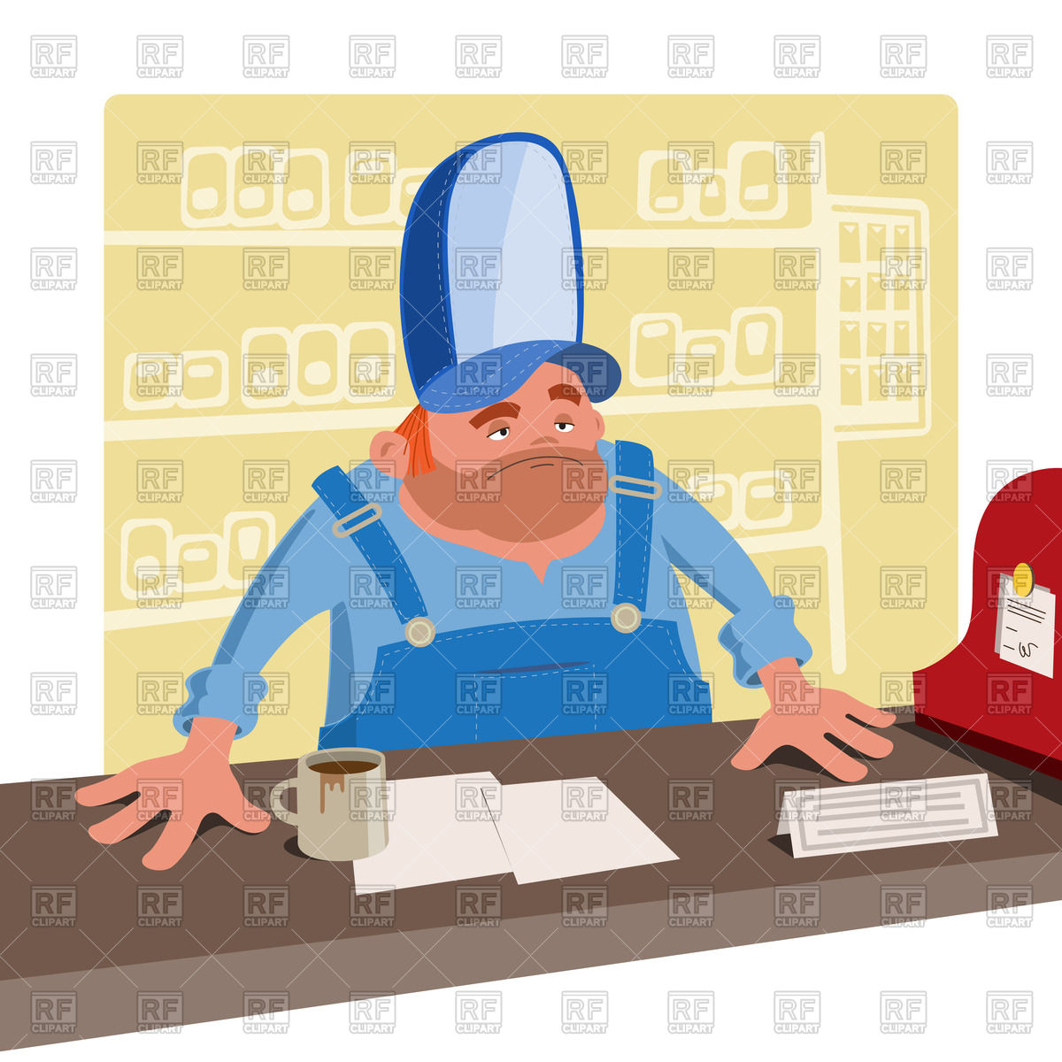 1200x1200 Sullen Cashier Stands Behind The Desk Royalty Free Vector Clip Art