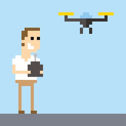 416x416 Pixel Art Image Of Man Flying Drone Using Remote Control Premium