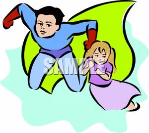 300x269 Royalty Free Clipart Image A Young Superhero Rescuing A Small Girl