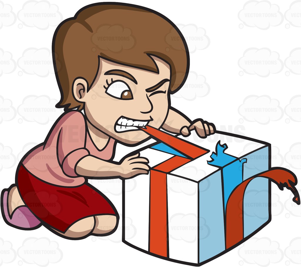 1024x909 A Woman Ripping Off The Ribbon Of Her Gift With Her Teeth Cartoon