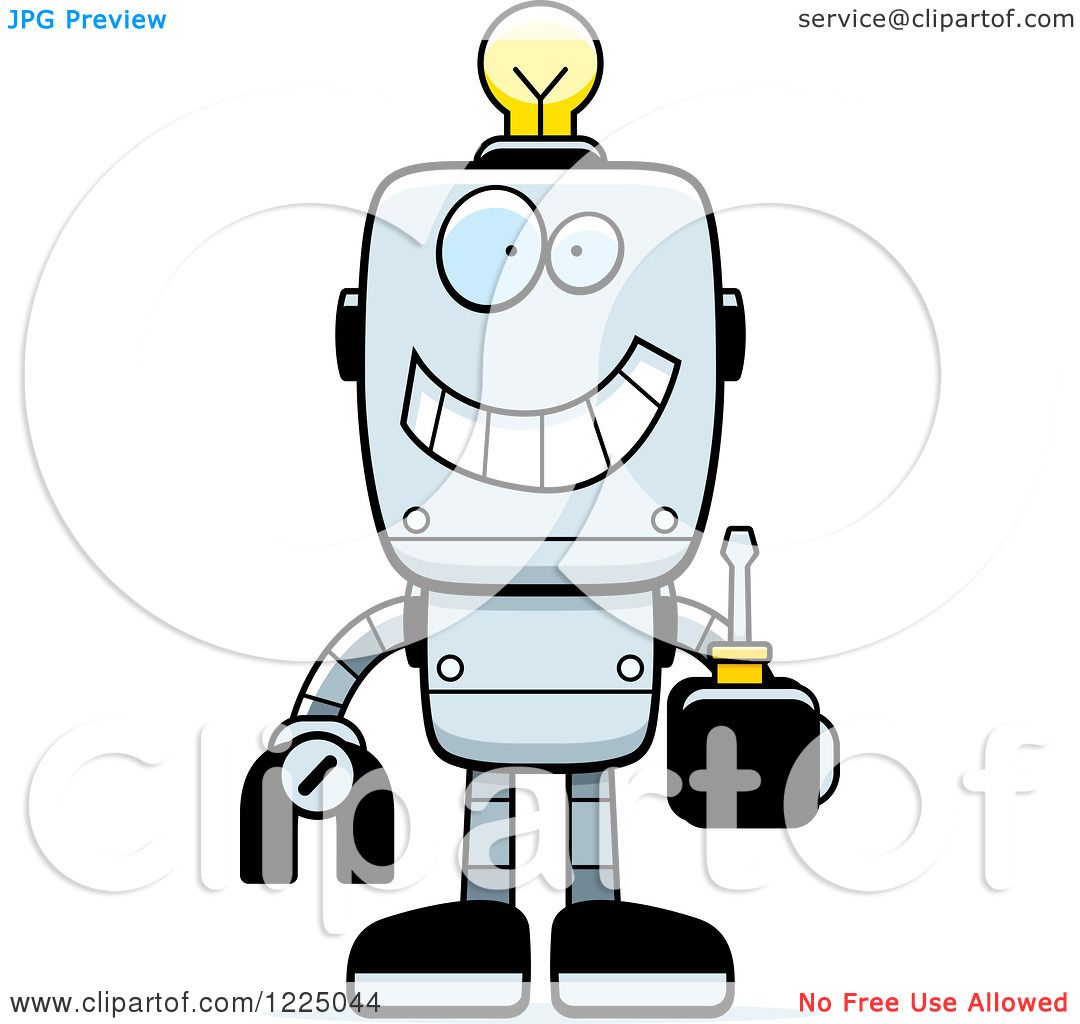 1080x1024 Clipart Of Happy Metal Robot With Light Bulb Brain, Holding