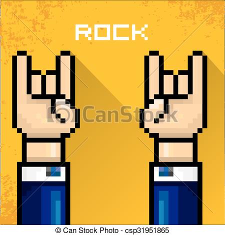 450x470 Vector Pixel Art Hand Sign Rock N Roll Music. Vector Flat
