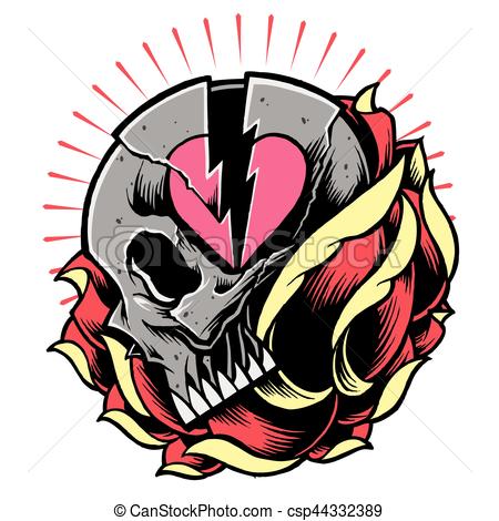 450x470 Skull And Broken Heart Symbol With Rose Vector. In Old Vector
