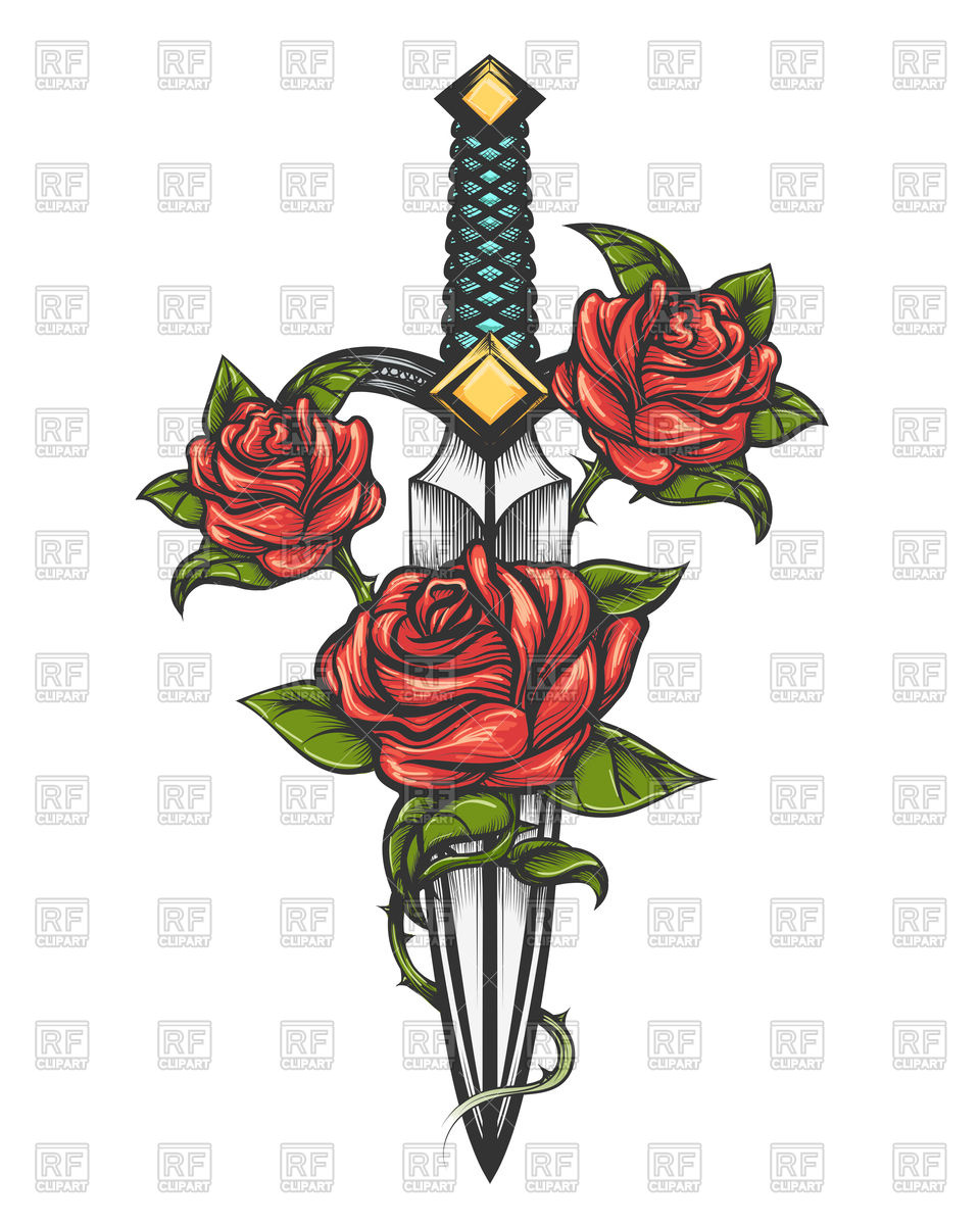 960x1200 Traditional Tattoo With Rose Flowers And Dagger Knife Royalty Free