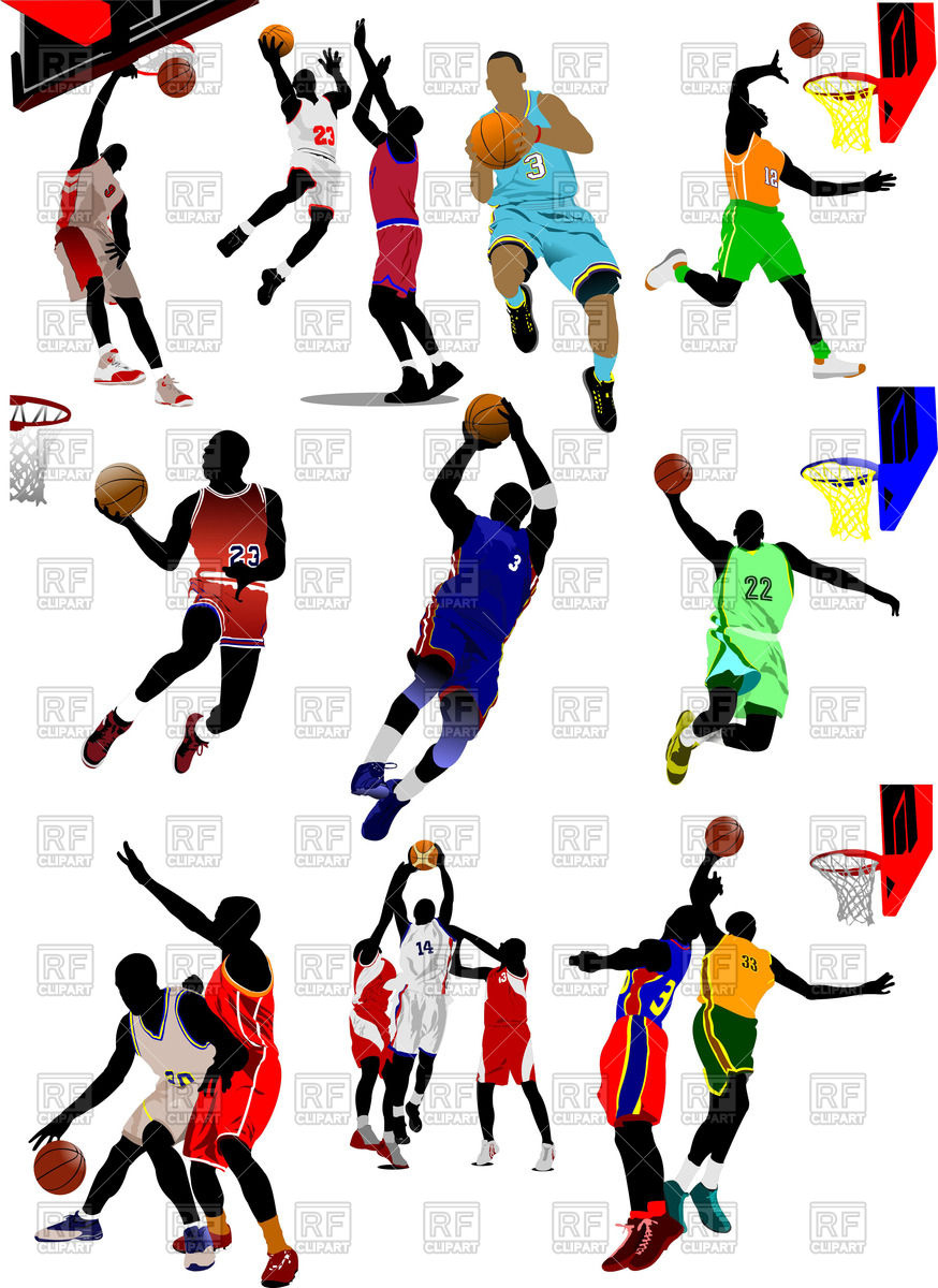 874x1200 Colored Silhouette Of Basketball Players In Motion Royalty Free