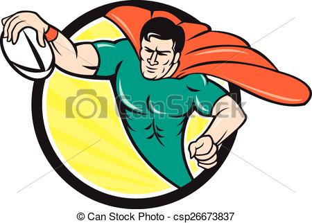 450x322 Superhero Rugby Player Scoring Try Circle. Cartoon Style