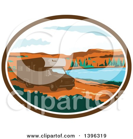 450x470 Clipart Of A Retro Brown Camper Van Rv In A Desert Landscape