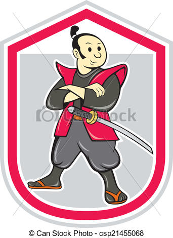 342x470 Samurai Warrior Arms Folded Shield Cartoon. Illustration
