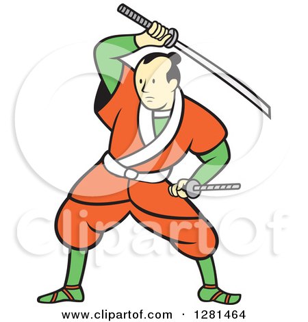 450x470 Clipart Of A Cartoon Samurai Warrior Fighting With A Sword