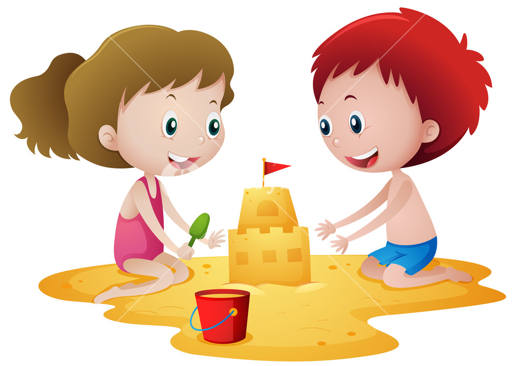 1000x716 Two Kids Playing With Sandcastle Illustration Royalty Free Stock