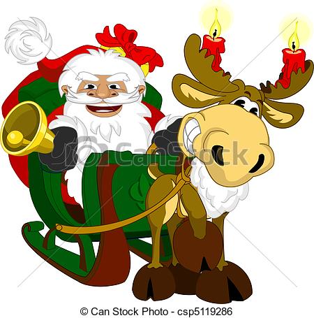 450x455 Santa With Sleigh. Illustration Of Santa Clause And Rudolph
