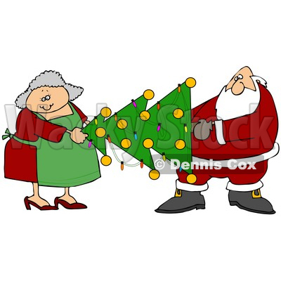 400x400 Clipart Illustration Of Mrs Claus Helping Santa Carry A Decorated