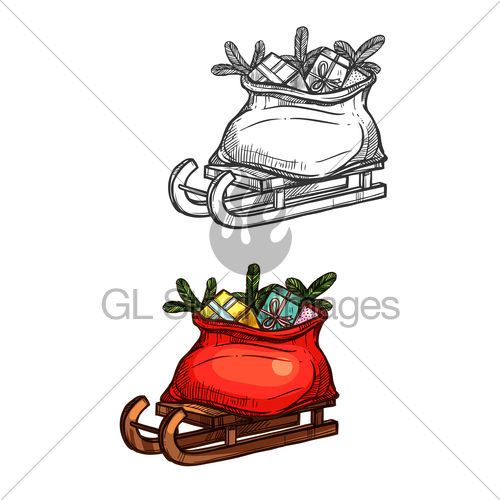 500x500 Santa Christmas Sleigh With Gifts Vector Sketch Gl Stock Images