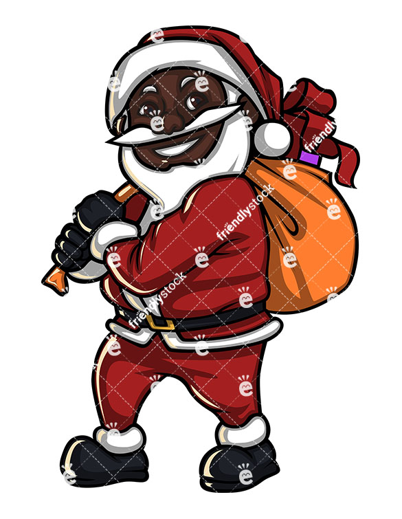 585x755 Smiling Black Santa Claus With Gift Bag Cartoon Vector Clipart