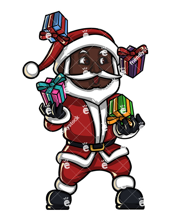585x755 Black Santa Claus Juggling With Presents Cartoon Vector Clipart