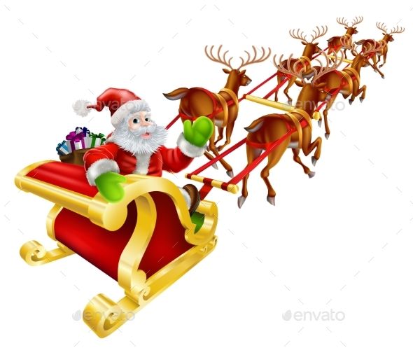 590x507 Christmas Santa Claus Flying In Sleigh Christmas Illustration