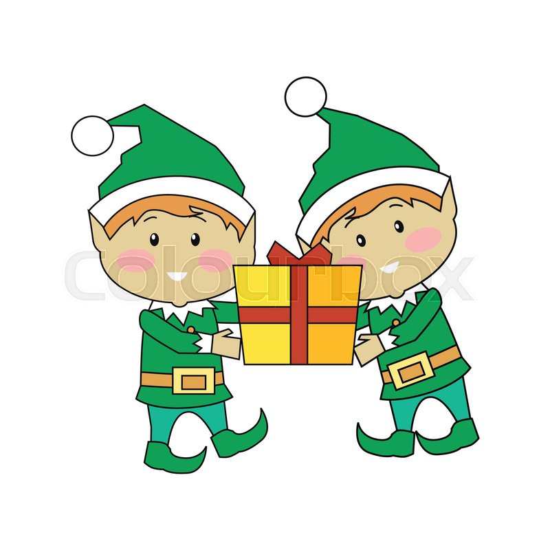 800x800 Christmas Elves Holding Gift Box. Two Xmas Cartoon Characters