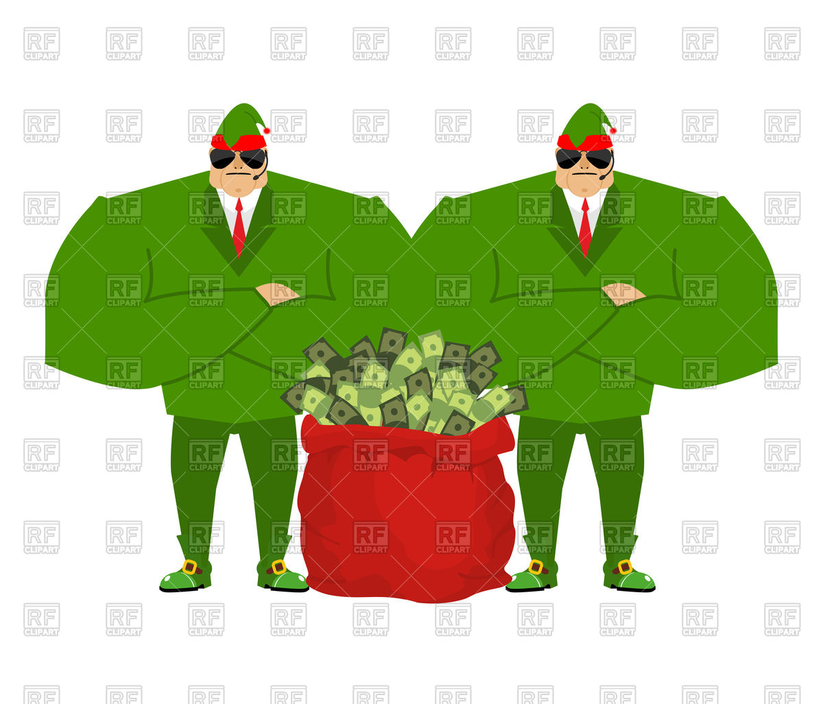 1200x1027 Santa's Elves And Red Bag Full Of Money Royalty Free Vector Clip