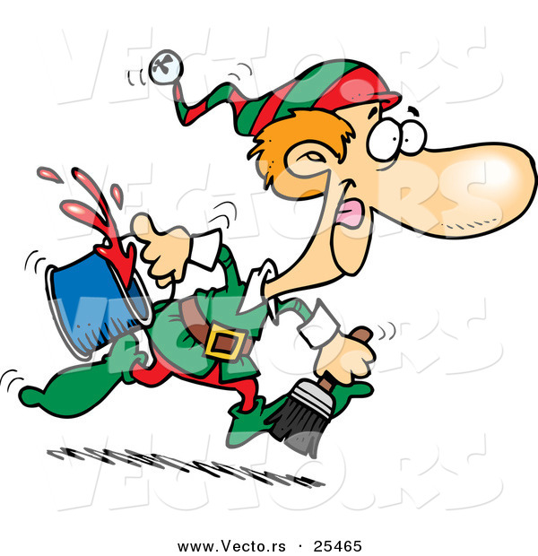 600x620 Cartoon Vector Of A Santa's Elf Running To Paint A Wall Red