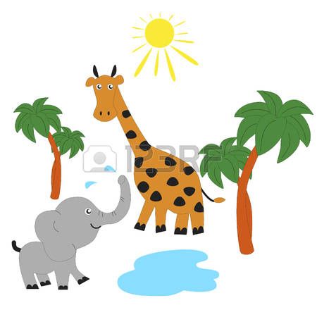 450x450 Elephant And Giraffe Sunbathing In The Savannah. Vector Clip Art