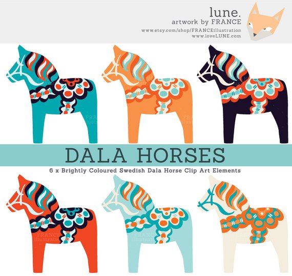 570x538 3 For 2. Bright Dala Horse Clip Art. Traditional Nordic Folk Art